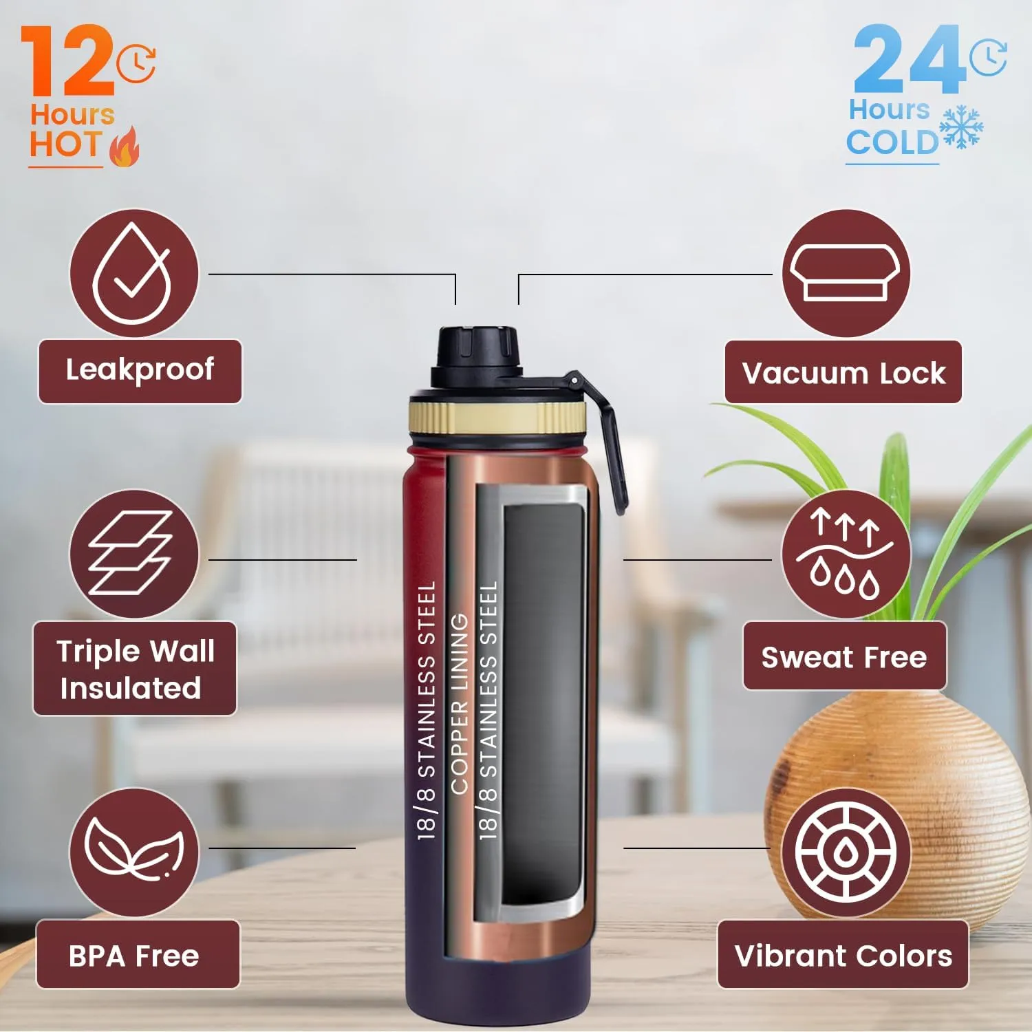 22 Oz Fruit Infuser Water Bottle - Triple Walled Insulated Stainless Steel, Thermal Leaf Infuser, Silicone Sleeve, 3 Leakproof Lids, Metal Mug Gallon