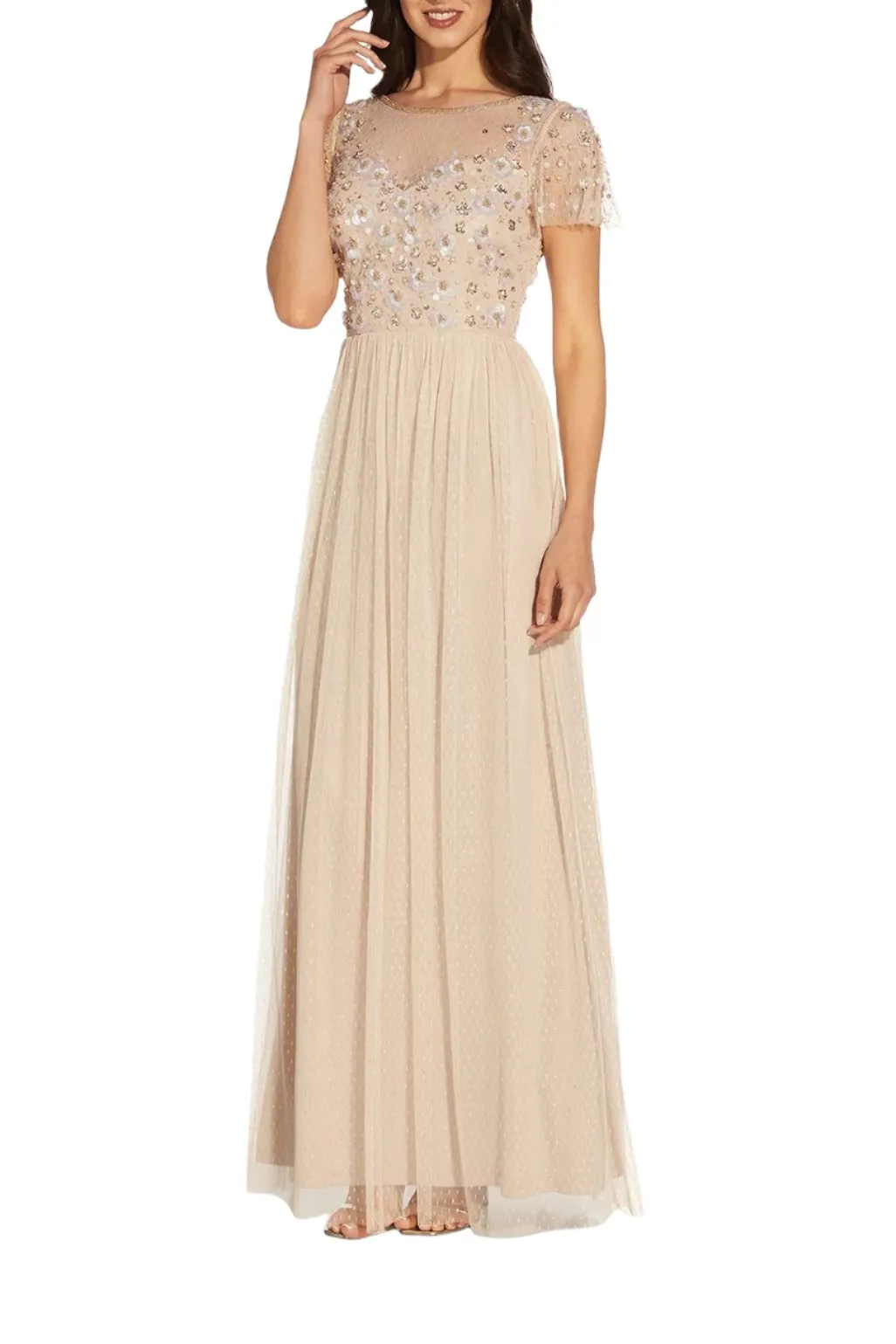 Adrianna Papell Boat Neck Short Sleeve Illusion Embellished Bodice Zipper Back Mesh Gown