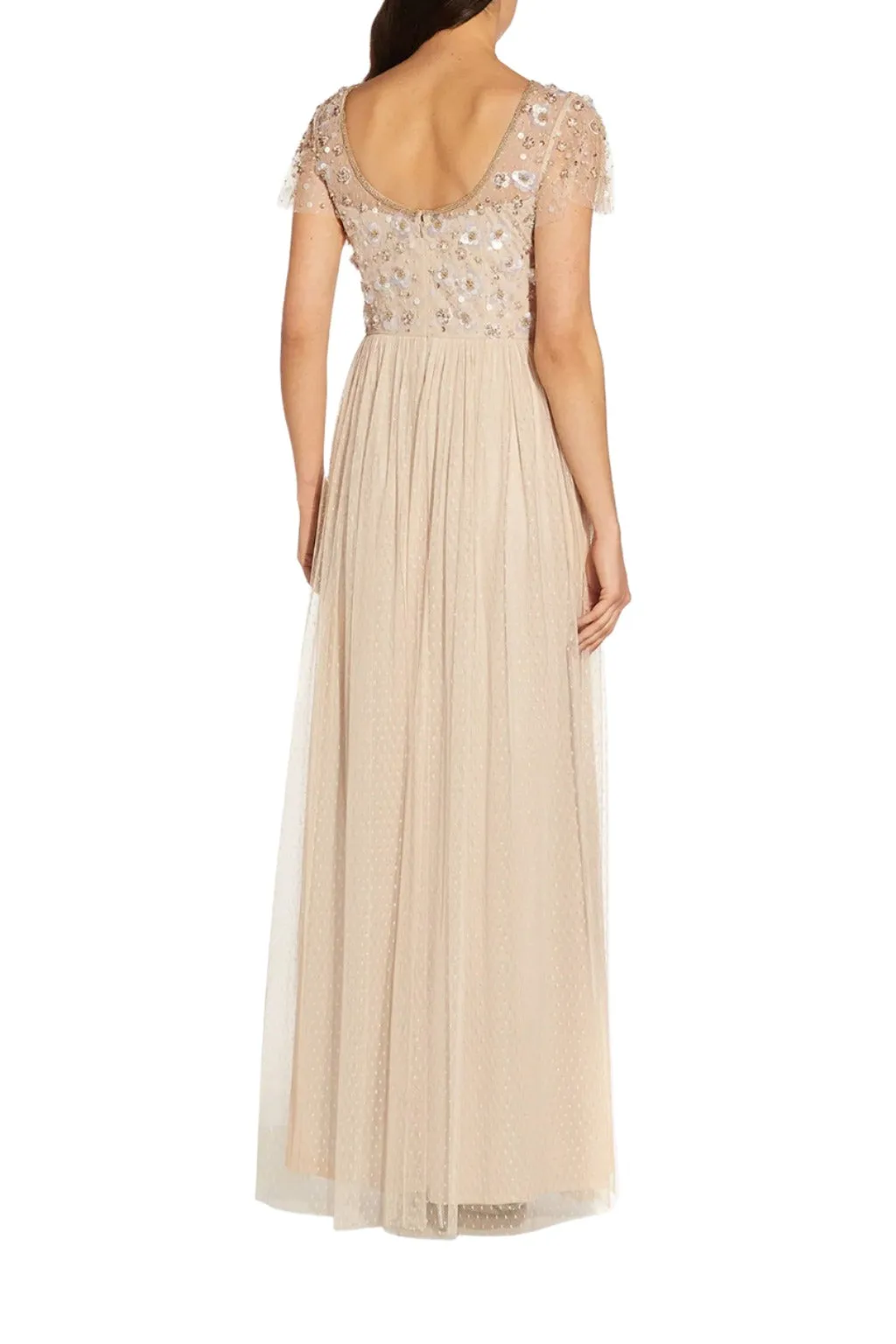 Adrianna Papell Boat Neck Short Sleeve Illusion Embellished Bodice Zipper Back Mesh Gown