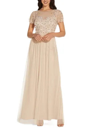 Adrianna Papell Boat Neck Short Sleeve Illusion Embellished Bodice Zipper Back Mesh Gown