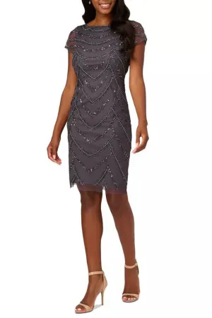 Adrianna Papell Cap Sleeve Boat Neck Beaded Dress