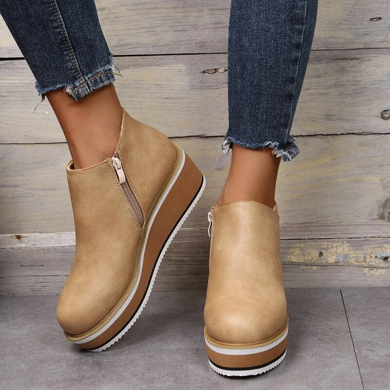 Amozae-Back to College Women's Autumn Boots Round Toe Comfortable Platform Shoes Non-Slip Casual Lady Ankle Boots Side Zip Retro Female Mujer Zapatos