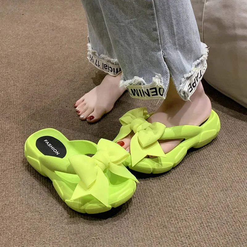 AMOZAE- - Bowknot Platform Wedge Slippers