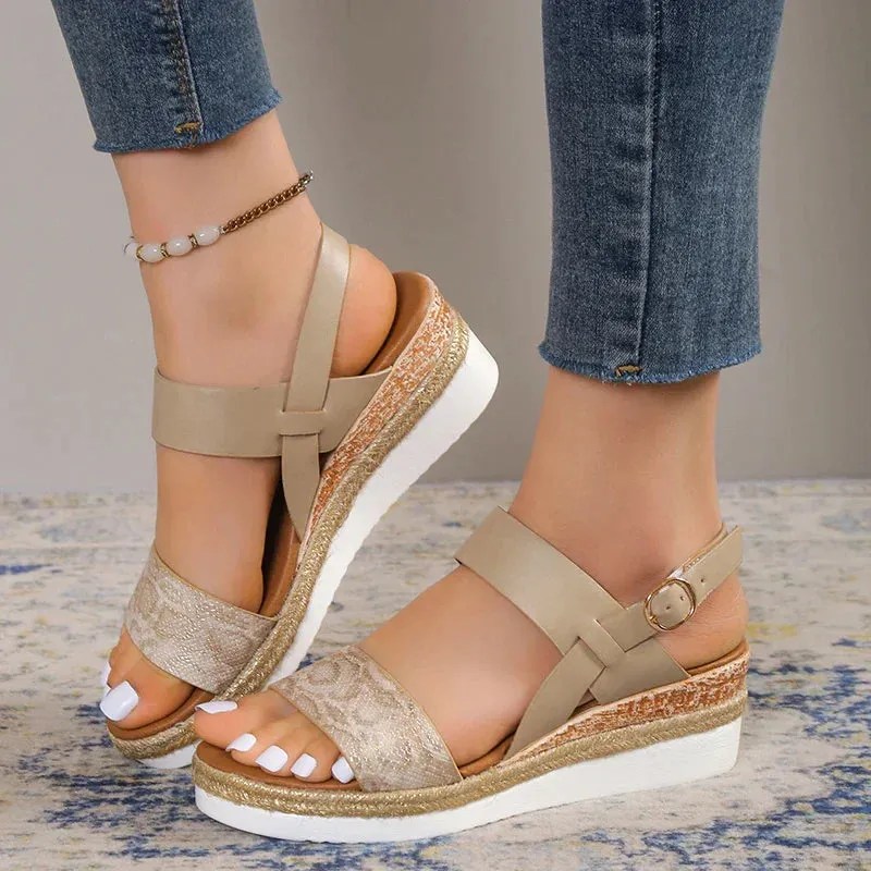 AMOZAE- - Summer Women's Snake Print Wedge Sandals, Lightweight Platform, Non-Slip