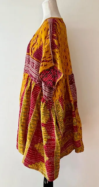 Artisan Kantha Bae  Quilt Mini Dress. Comfortable, Soft, and Very Chic (Purple Squares)