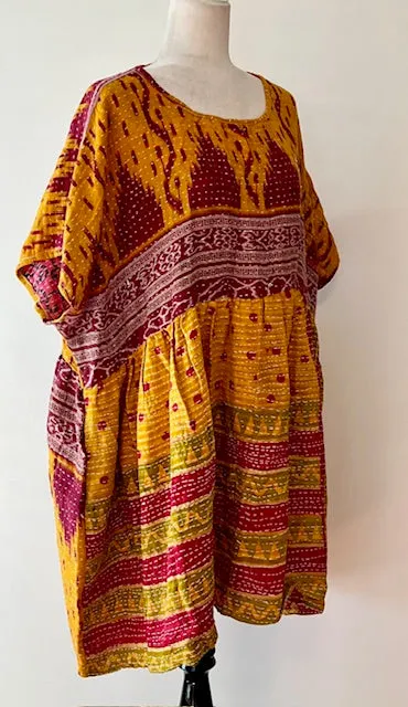 Artisan Kantha Bae  Quilt Mini Dress. Comfortable, Soft, and Very Chic (Purple Squares)