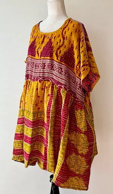 Artisan Kantha Bae  Quilt Mini Dress. Comfortable, Soft, and Very Chic (Purple Squares)