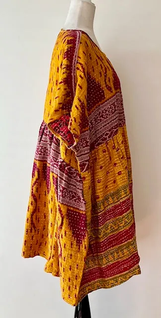Artisan Kantha Bae  Quilt Mini Dress. Comfortable, Soft, and Very Chic (Purple Squares)