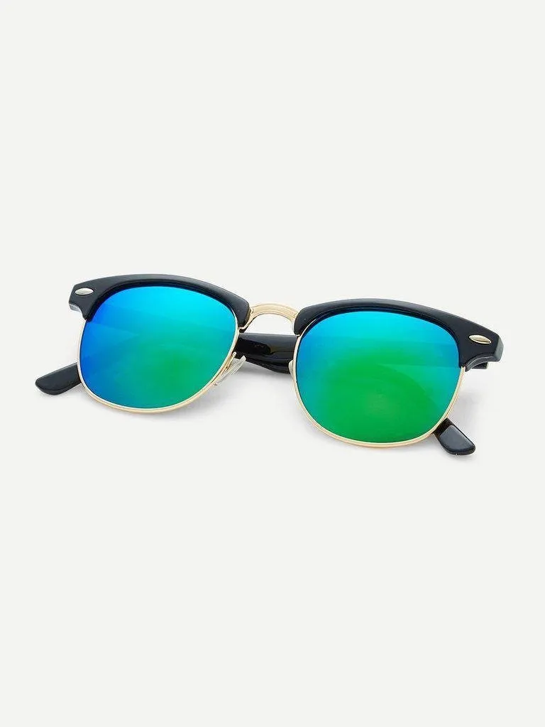 Browline Frame Mirrored Lenses Sunglasses