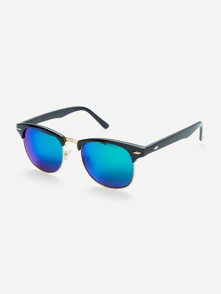 Browline Frame Mirrored Lenses Sunglasses