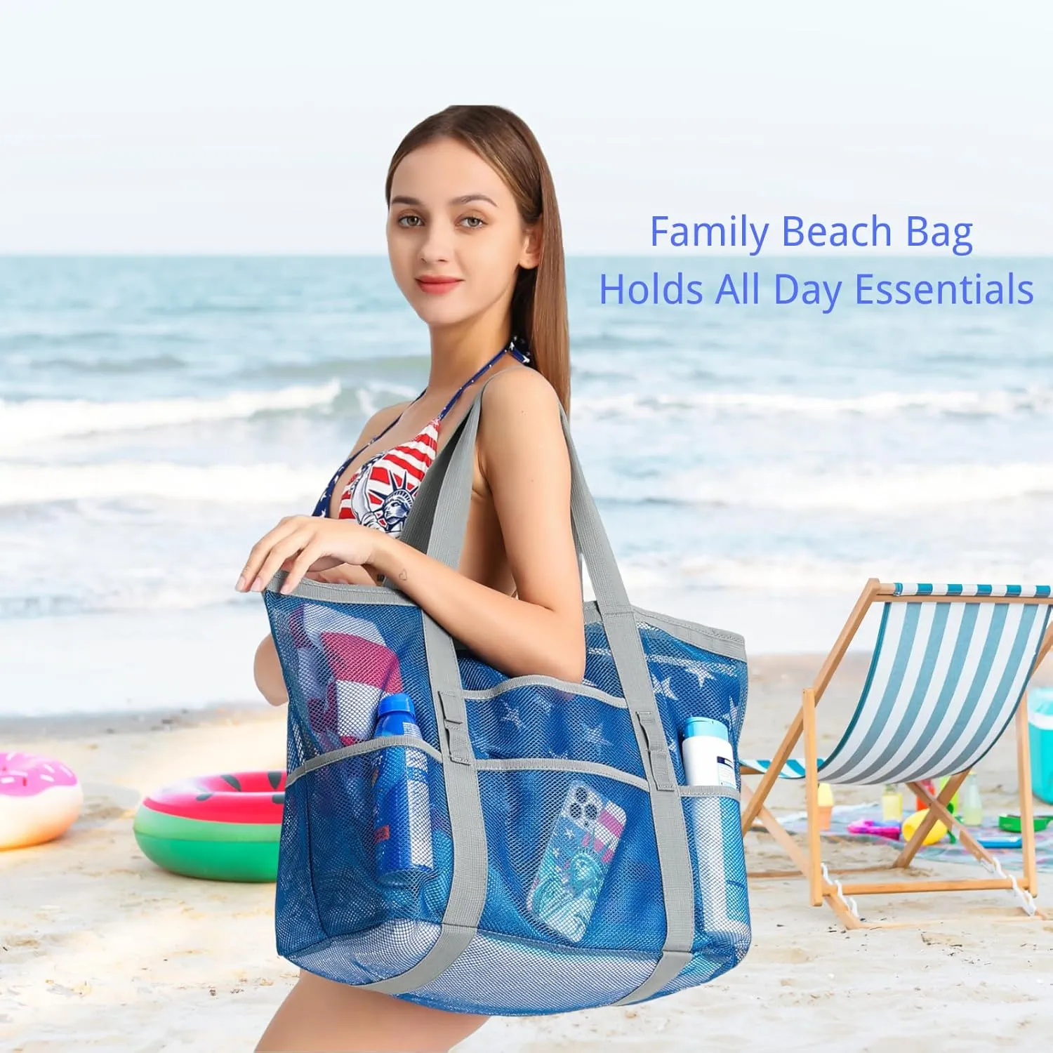 F-color Mesh Beach Bag Family - Large Tote Bag for Cruise Pool Toys Beach Vacation Essentials