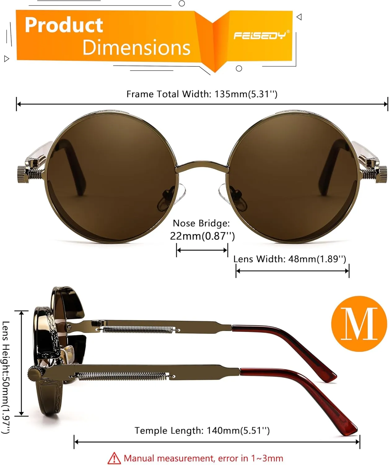 FEISEDY Retro Gothic Steampunk Sunglasses Round Metal Frame Punk Circle Inspired Shade Men B1857