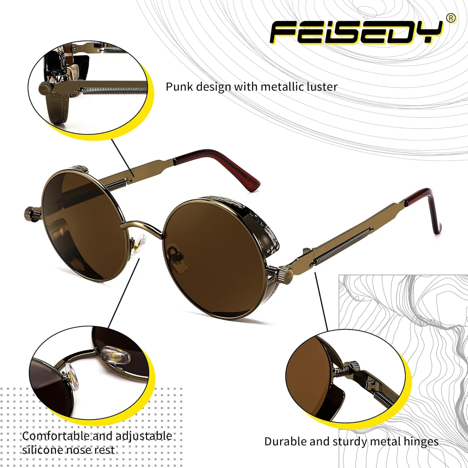 FEISEDY Retro Gothic Steampunk Sunglasses Round Metal Frame Punk Circle Inspired Shade Men B1857