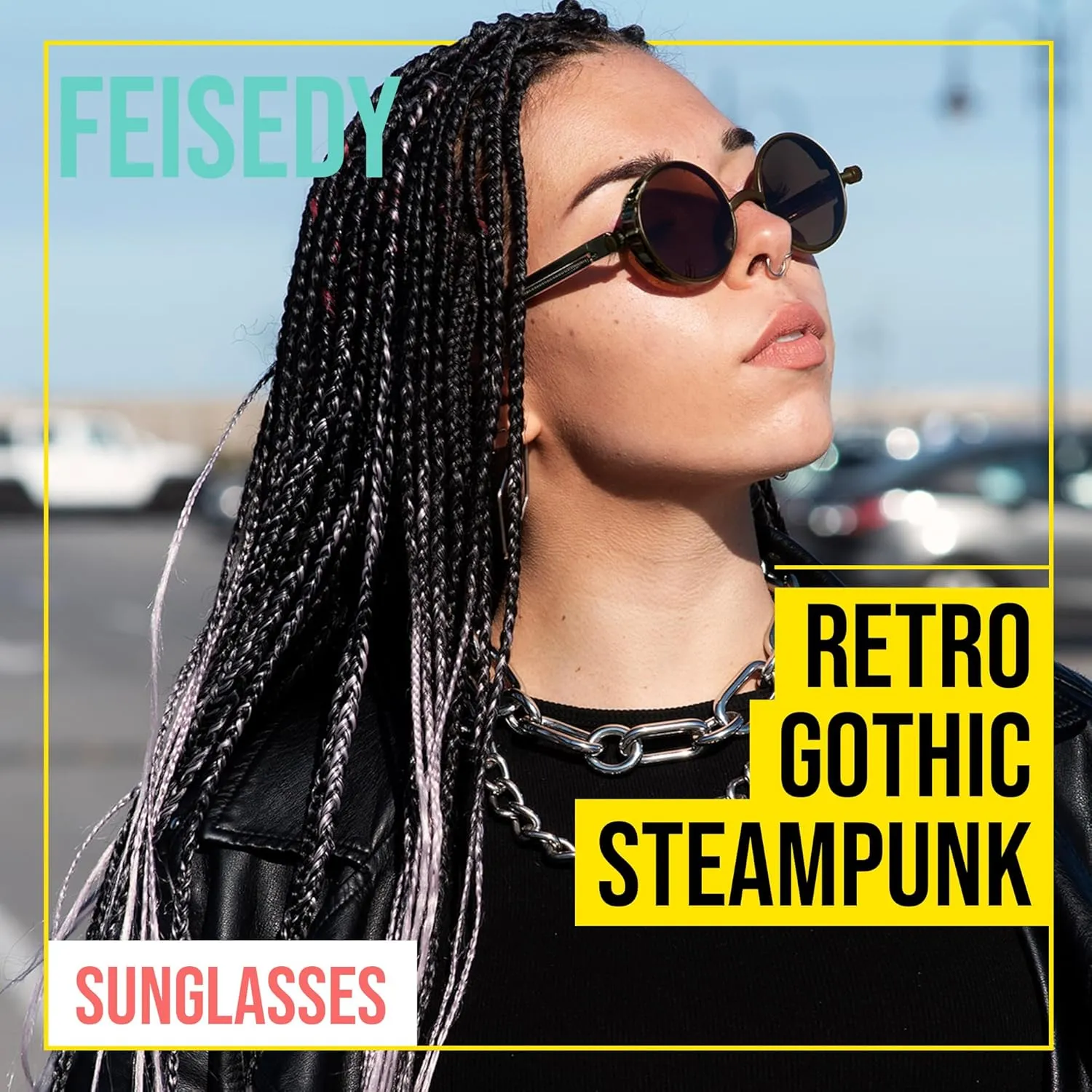 FEISEDY Retro Gothic Steampunk Sunglasses Round Metal Frame Punk Circle Inspired Shade Men B1857