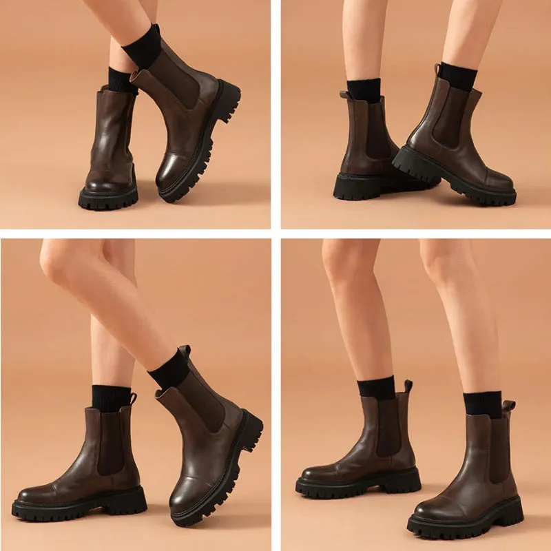 Handmade Genuine Leather Round-Toe Platform Boots for Women