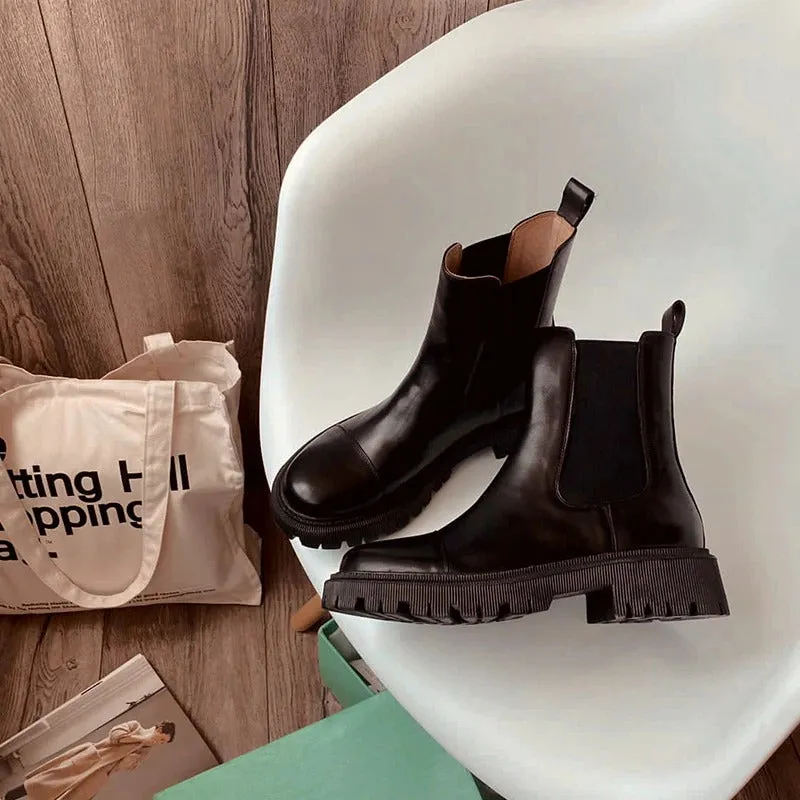 Handmade Genuine Leather Round-Toe Platform Boots for Women
