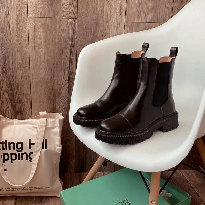 Handmade Genuine Leather Round-Toe Platform Boots for Women