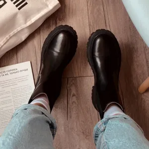 Handmade Genuine Leather Round-Toe Platform Boots for Women