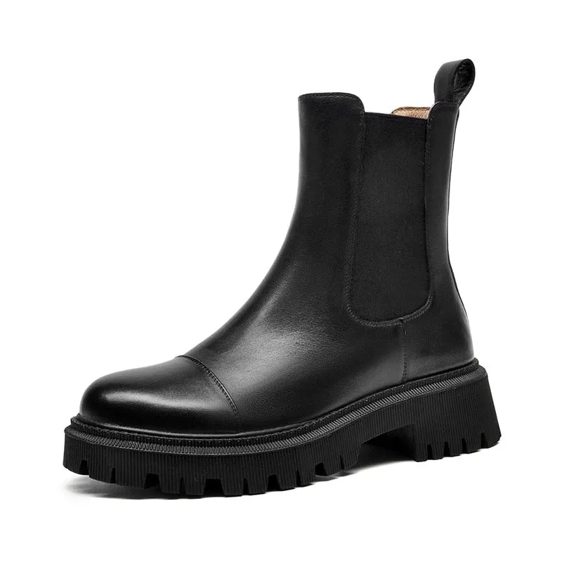 Handmade Genuine Leather Round-Toe Platform Boots for Women