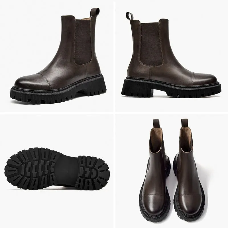 Handmade Genuine Leather Round-Toe Platform Boots for Women