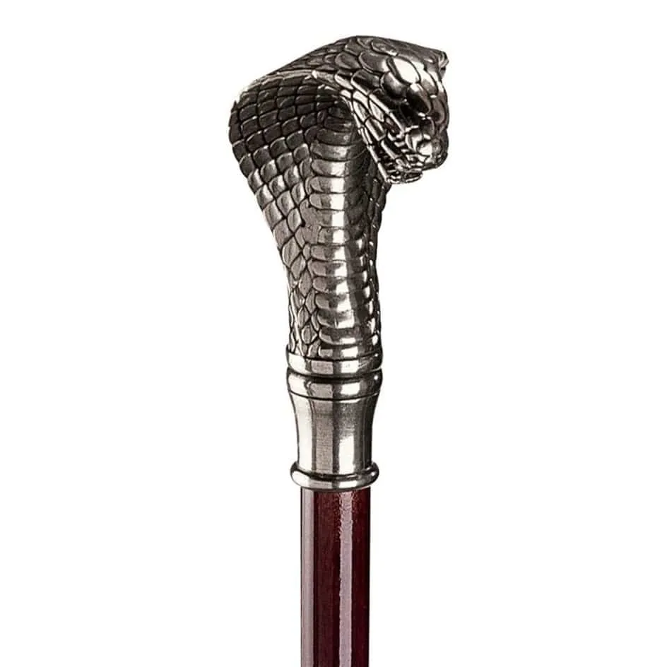Italian Solid Hardwood Cobra  Pewter Walking Stick Collectible Gift