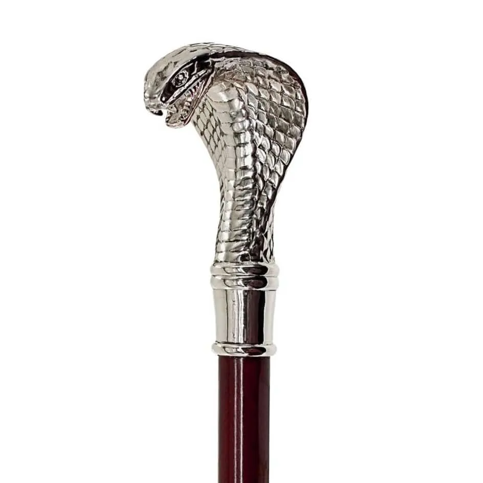 Italian Solid Hardwood Cobra  Pewter Walking Stick Collectible Gift