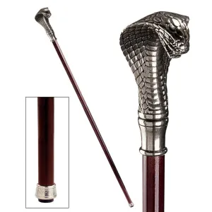 Italian Solid Hardwood Cobra  Pewter Walking Stick Collectible Gift