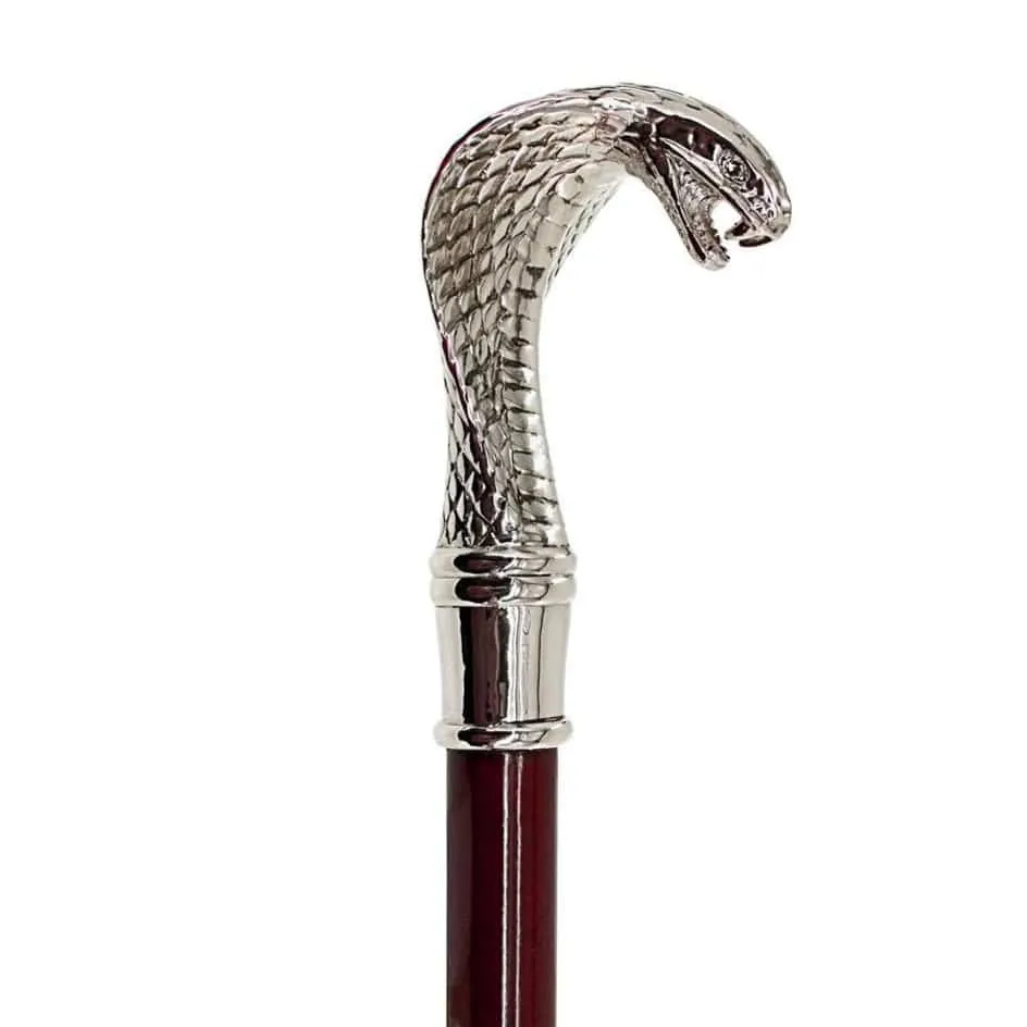 Italian Solid Hardwood Cobra  Pewter Walking Stick Collectible Gift