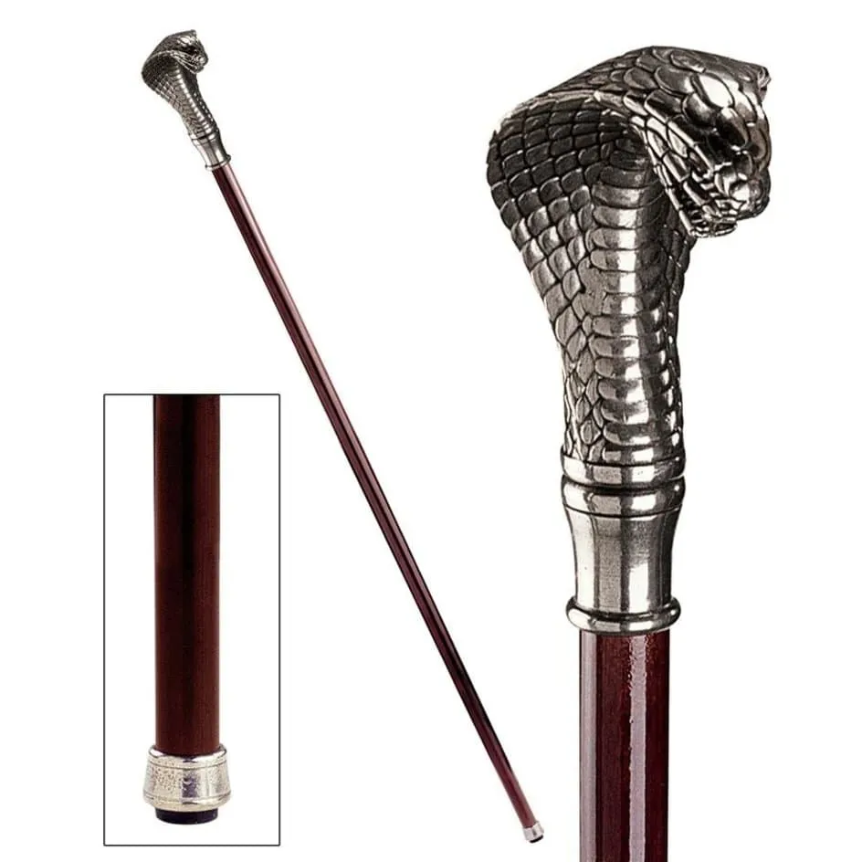 Italian Solid Hardwood Cobra  Pewter Walking Stick Collectible Gift