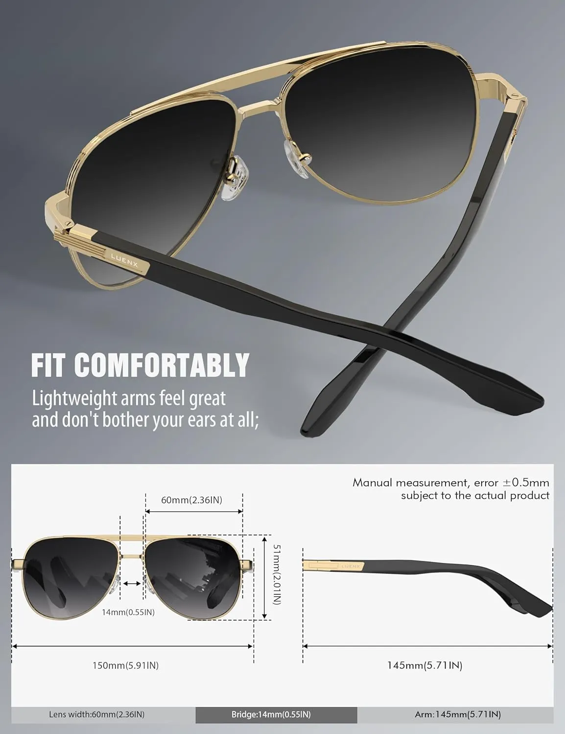 LUENX Aviator Sunglasses for Men Polarized Trendy Shades Driving UV 400 Protection
