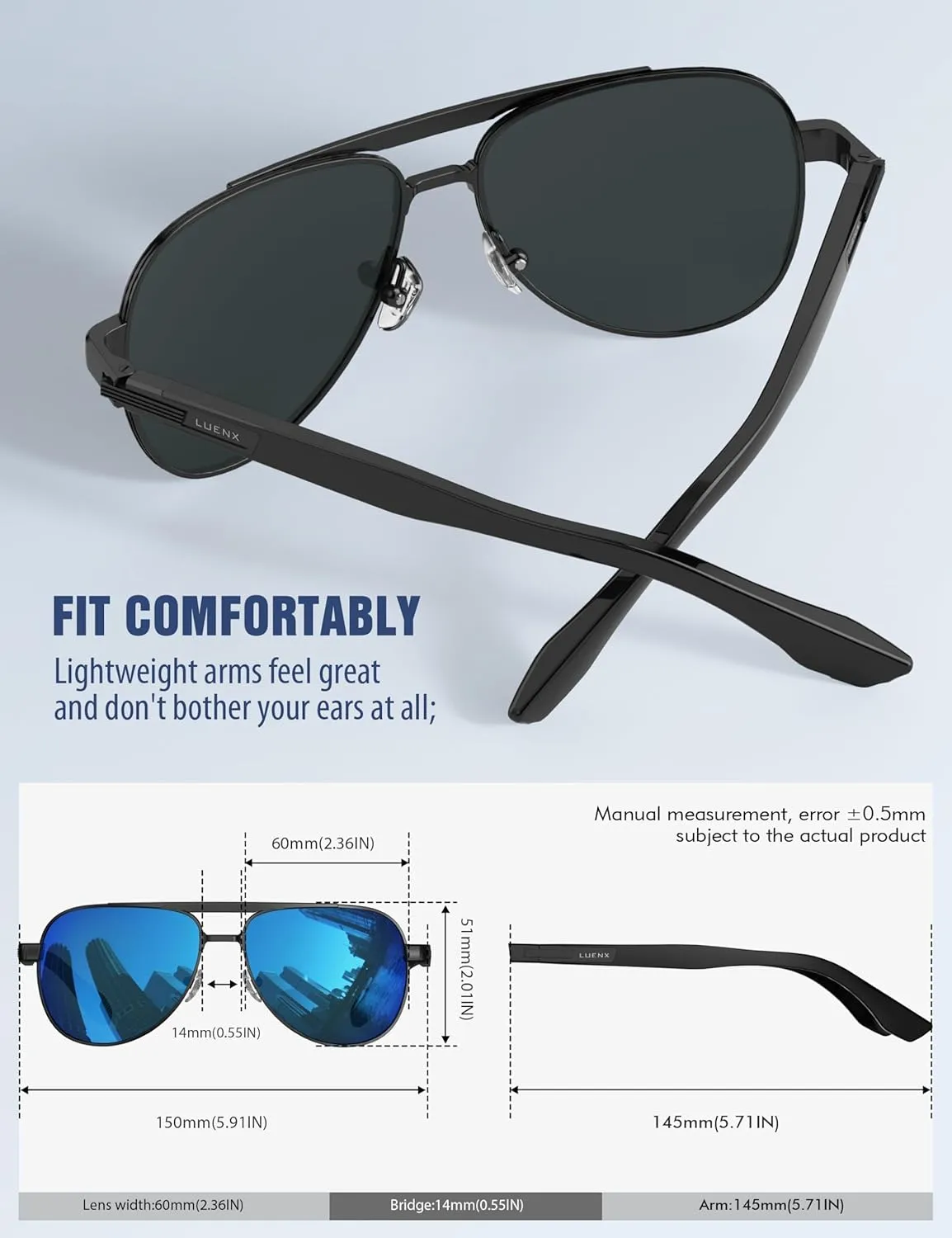 LUENX Aviator Sunglasses for Men Polarized Trendy Shades Driving UV 400 Protection