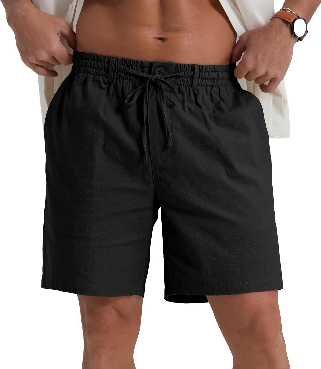 Sailwind Men's Linen Shorts 7" Casual Elastic Waist Drawstring Summer Beach Shorts