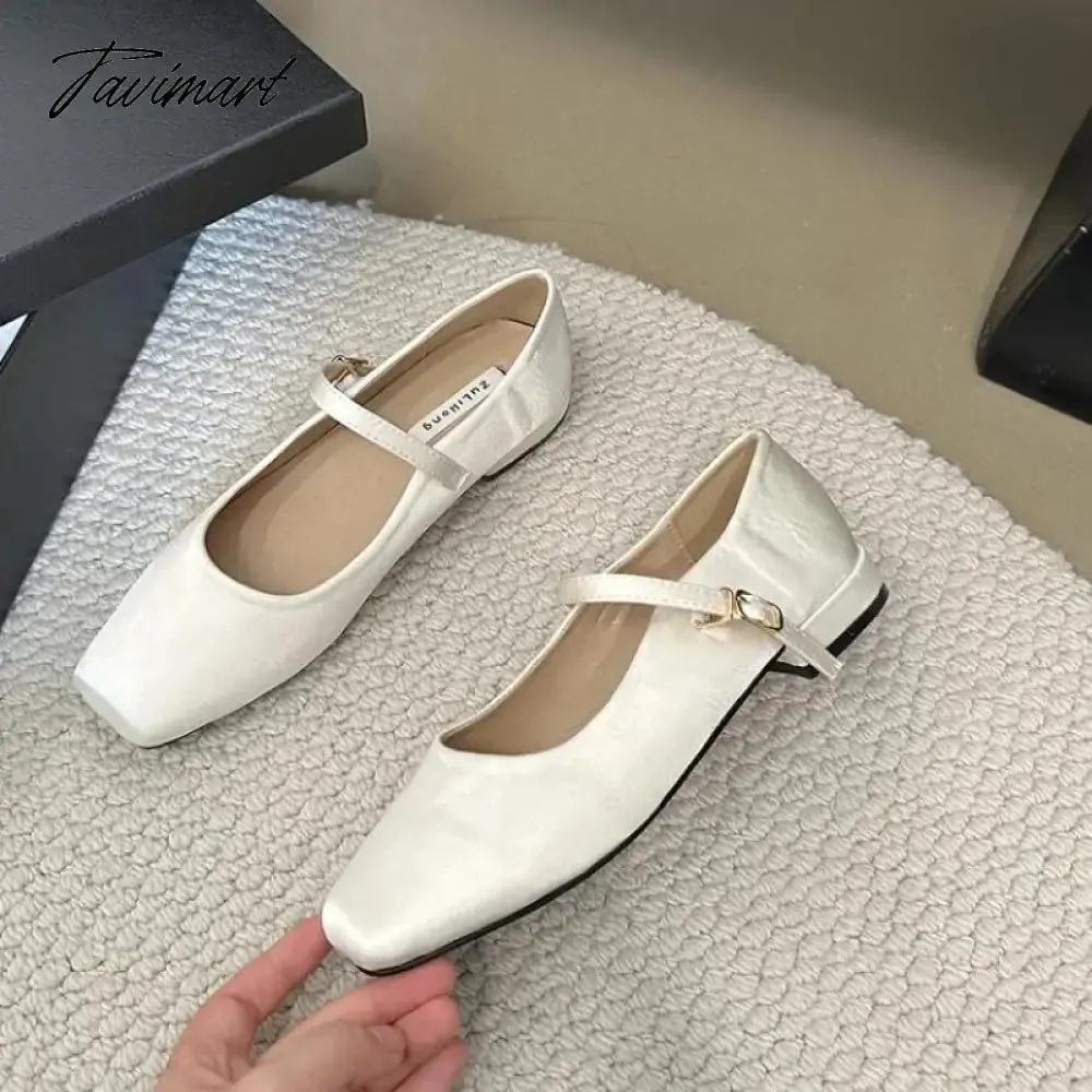 TAVIMART -  NEW Mary Jane Shoes Square Toe Women's Shoes Buckle Strap Silk Satin Ballet Flats Spring/Autumn Flats Women Shoes