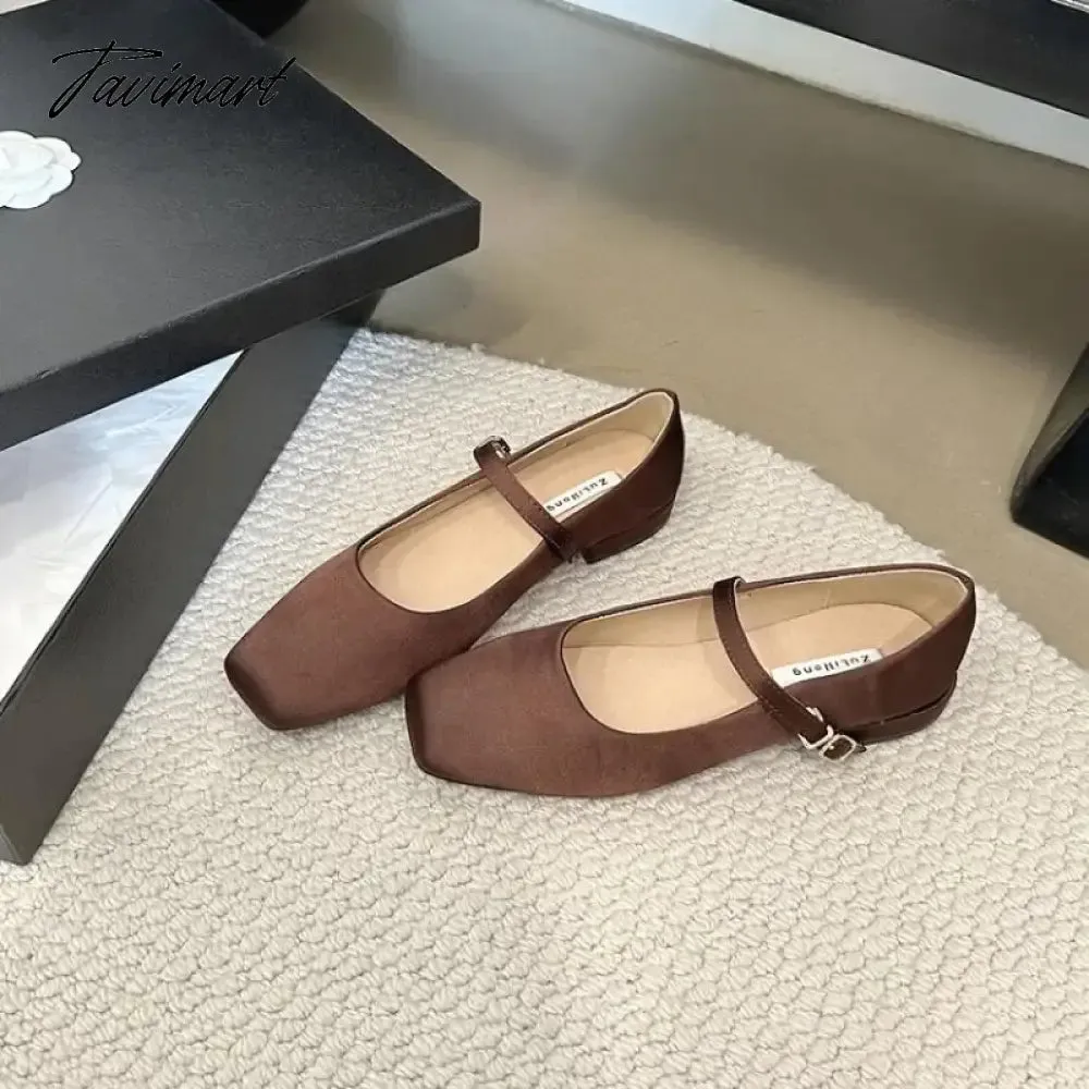 TAVIMART -  NEW Mary Jane Shoes Square Toe Women's Shoes Buckle Strap Silk Satin Ballet Flats Spring/Autumn Flats Women Shoes
