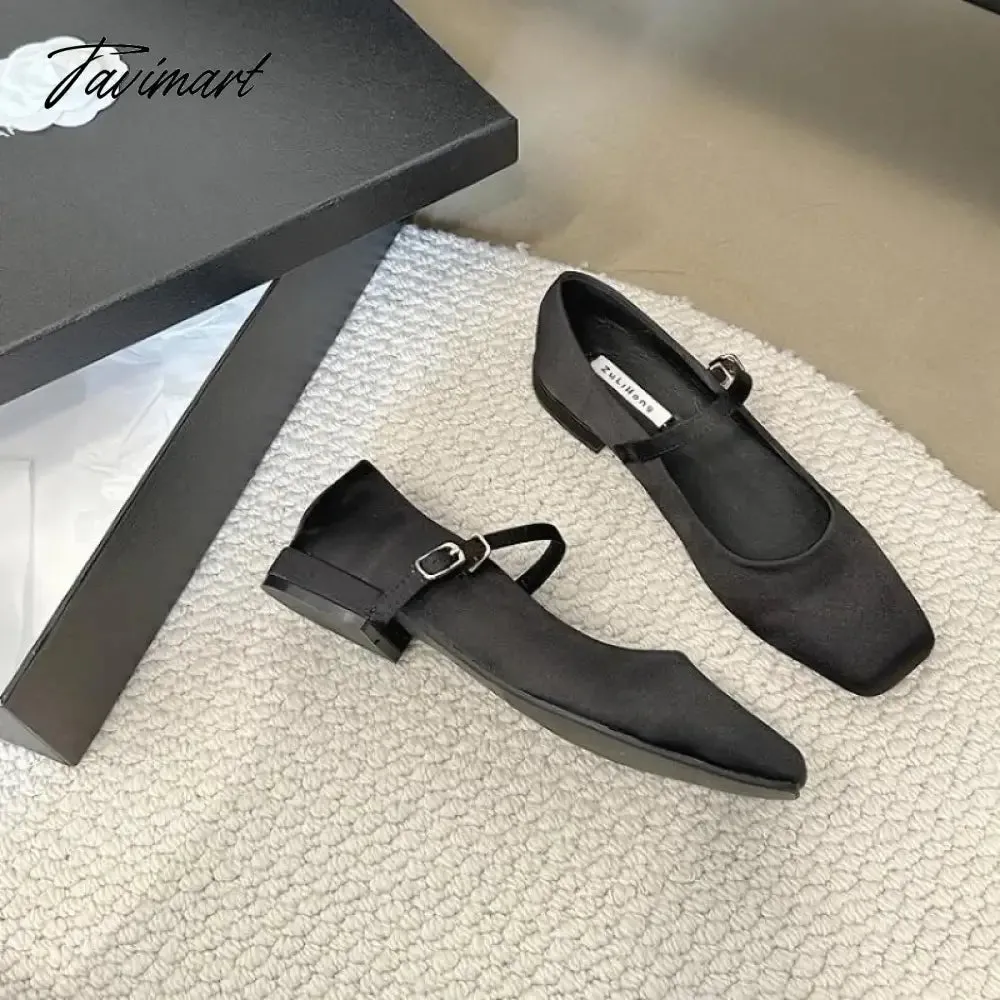 TAVIMART -  NEW Mary Jane Shoes Square Toe Women's Shoes Buckle Strap Silk Satin Ballet Flats Spring/Autumn Flats Women Shoes