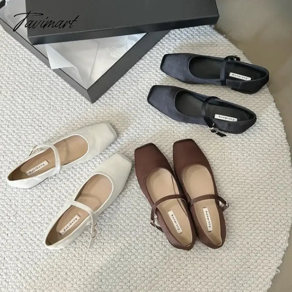 TAVIMART -  NEW Mary Jane Shoes Square Toe Women's Shoes Buckle Strap Silk Satin Ballet Flats Spring/Autumn Flats Women Shoes