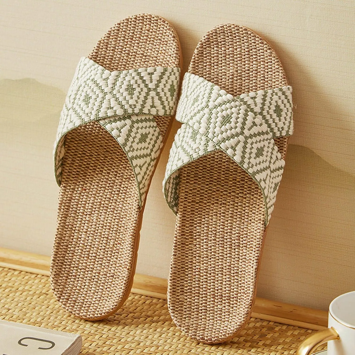 Unisex Linen Slippers Summer Skidproof Indoor Slippers Flax Men Women Boho House Slipper Open-Toe Breathable Beach Shoes