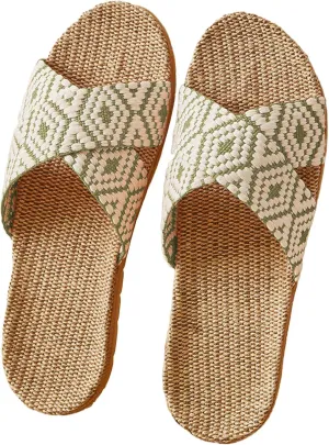 Unisex Linen Slippers Summer Skidproof Indoor Slippers Flax Men Women Boho House Slipper Open-Toe Breathable Beach Shoes