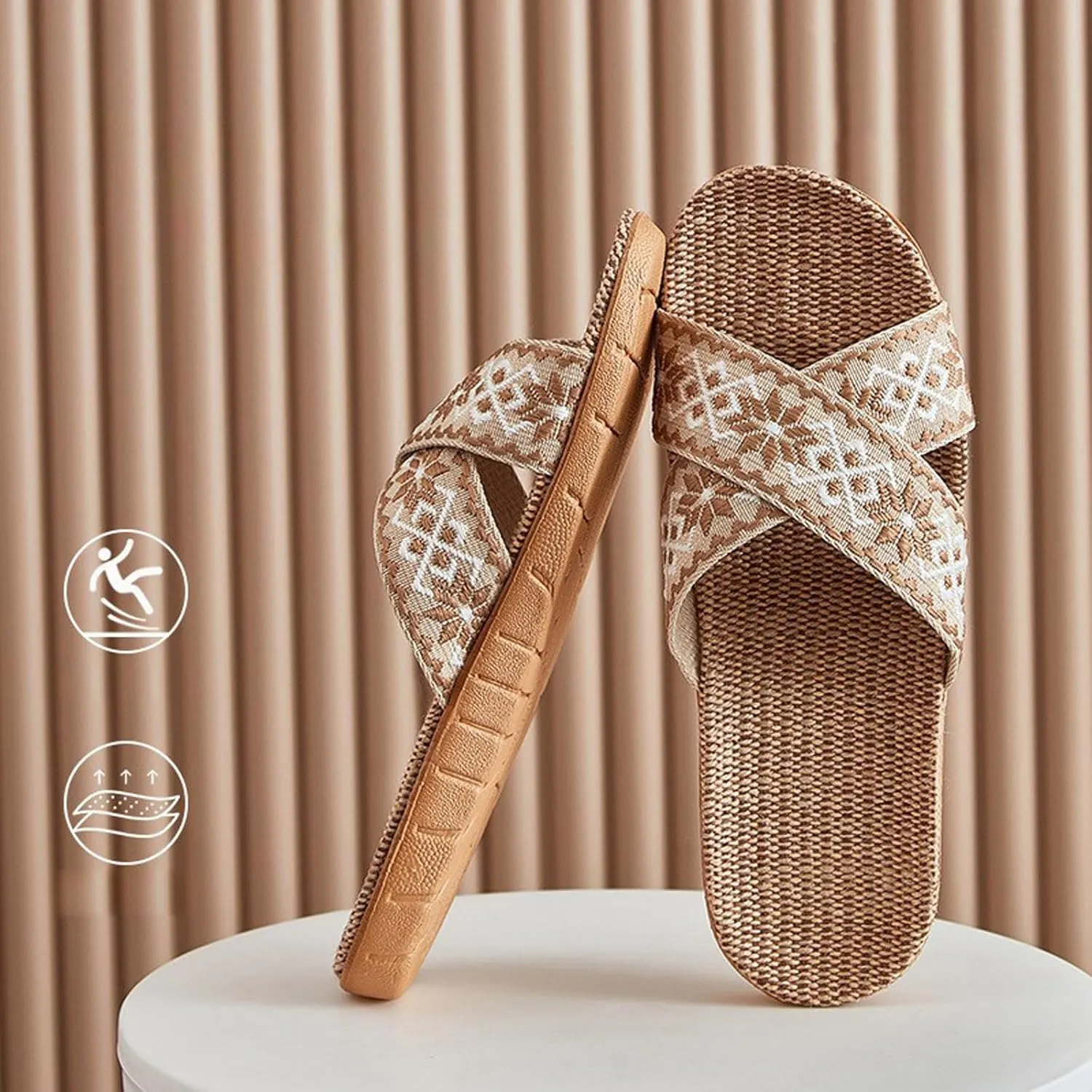 Unisex Linen Slippers Summer Skidproof Indoor Slippers Flax Men Women Boho House Slipper Open-Toe Breathable Beach Shoes