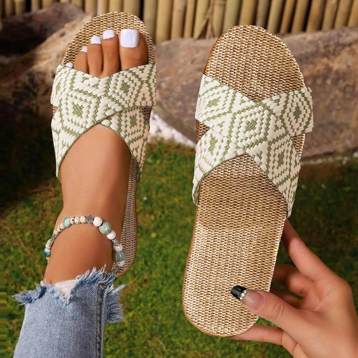 Unisex Linen Slippers Summer Skidproof Indoor Slippers Flax Men Women Boho House Slipper Open-Toe Breathable Beach Shoes