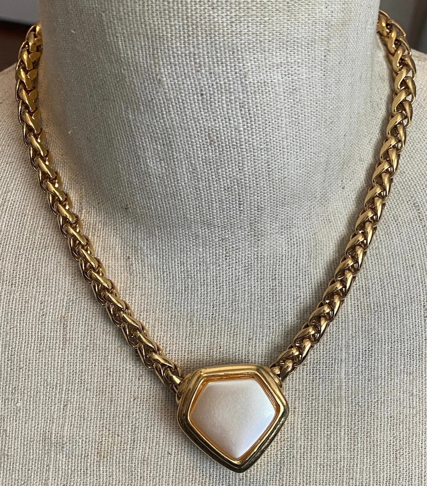 Vintage Napier Heavy Gold Tone Chain Necklace with MOP Pendant