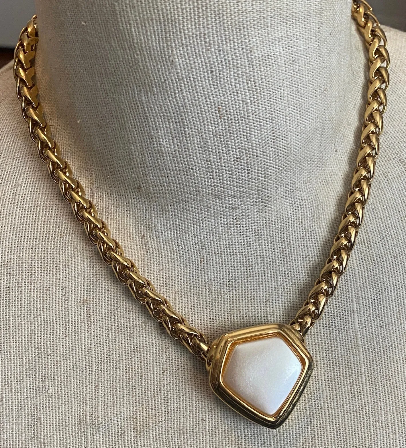 Vintage Napier Heavy Gold Tone Chain Necklace with MOP Pendant