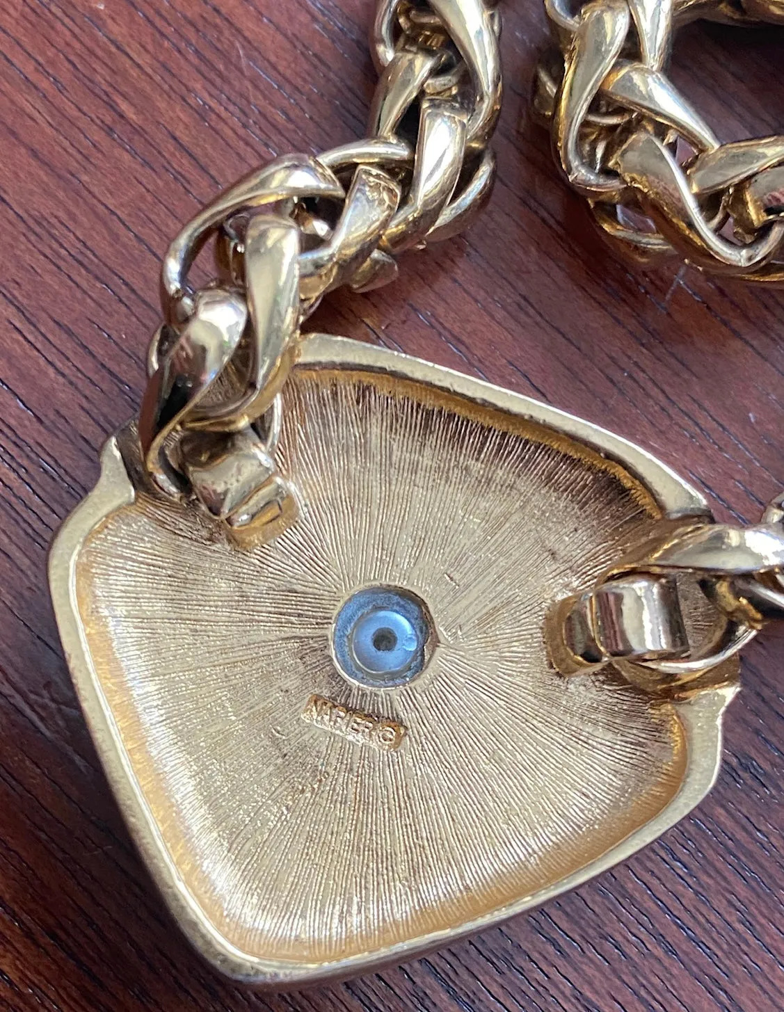 Vintage Napier Heavy Gold Tone Chain Necklace with MOP Pendant