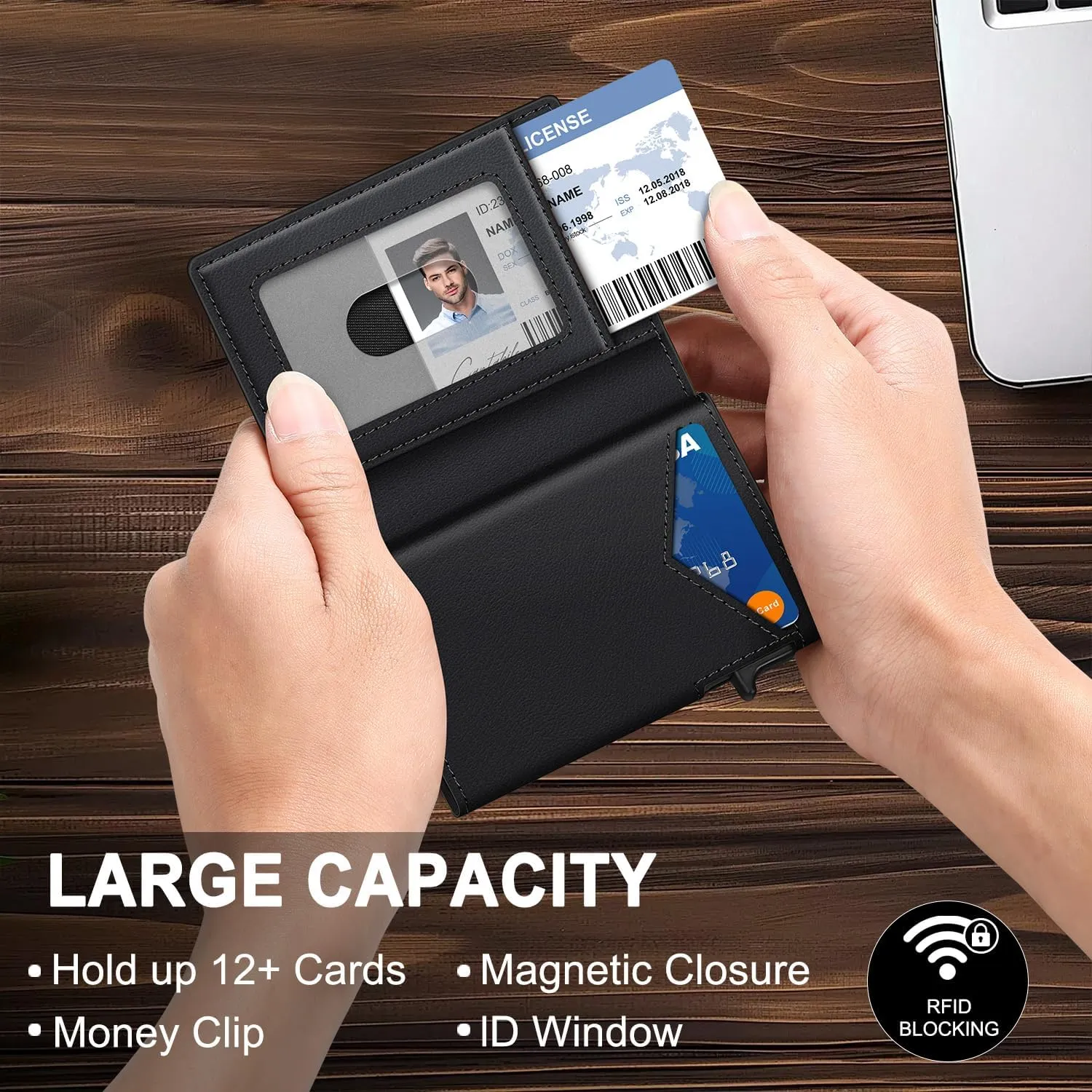 Wallet for Men, RFID Wallet with Money Clip & ID Window, Minimalist Pop Up Credit Card Case Holder 10-12 Cards, Bifold Slim Smart Wallet for Front Pocket, Compact Metal Wallets, Gifts for Men, Black