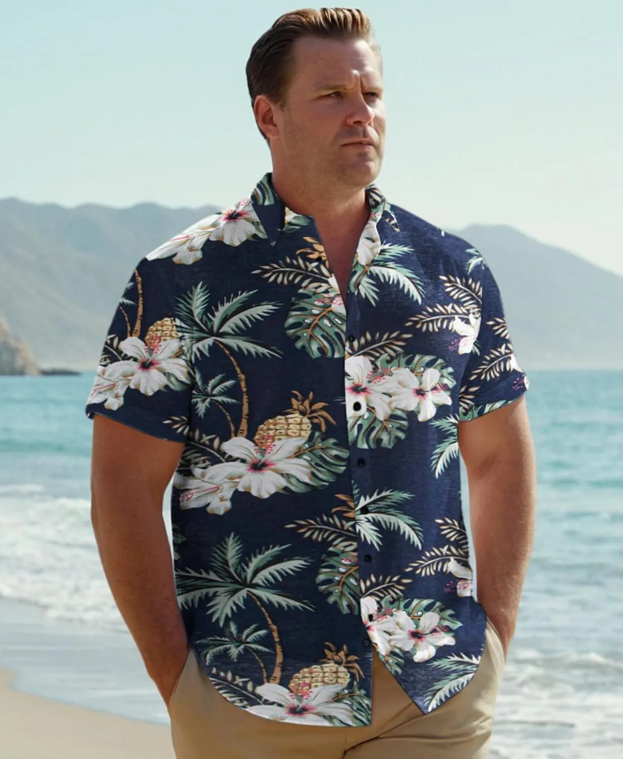 Weecreeture Big and Tall Men's Hawaiian Shirt - Short Sleeve, Tropical Floral Button Down Casual Summer Beach Shirt