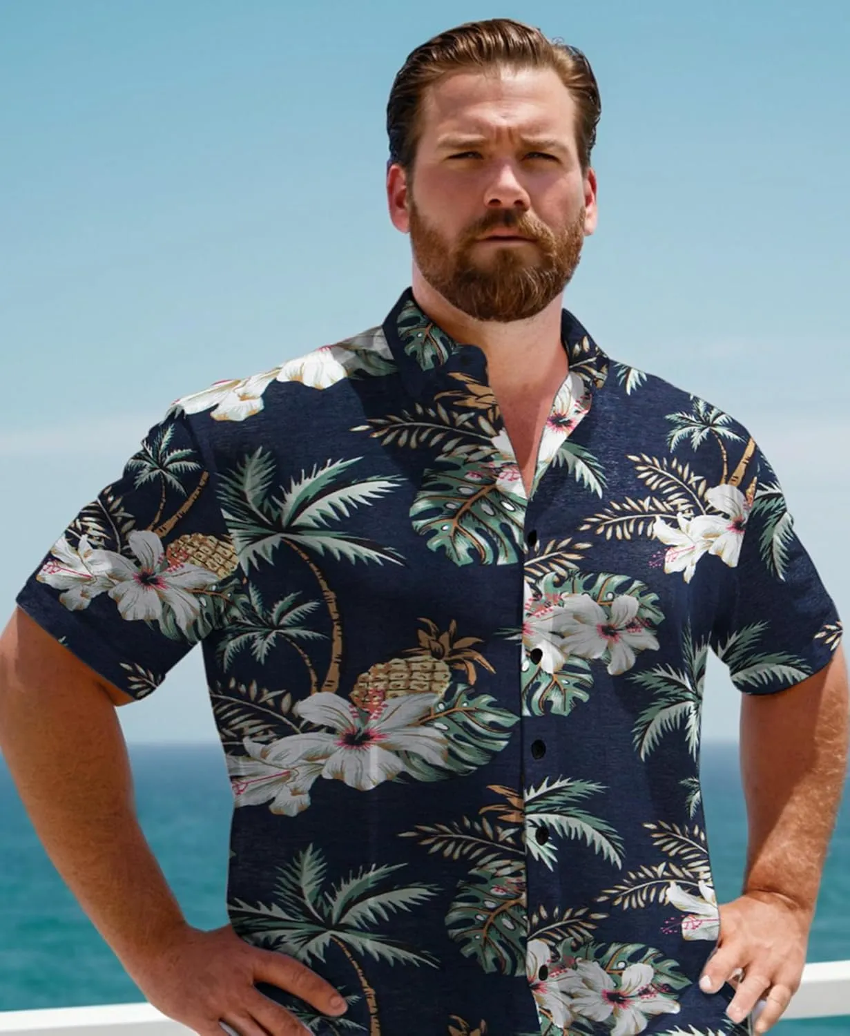 Weecreeture Big and Tall Men's Hawaiian Shirt - Short Sleeve, Tropical Floral Button Down Casual Summer Beach Shirt