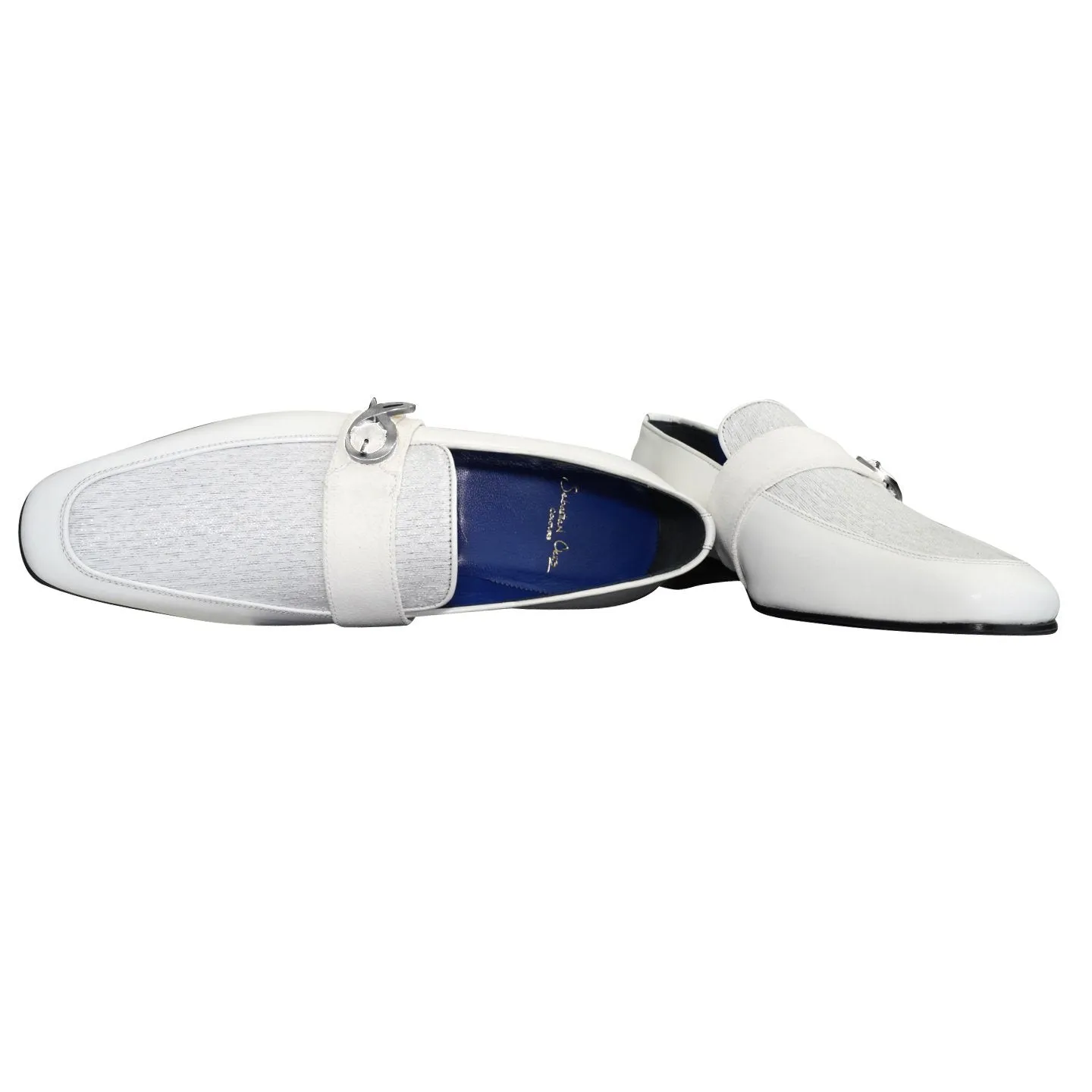 White Diamante Leather Monk Silver Loafers