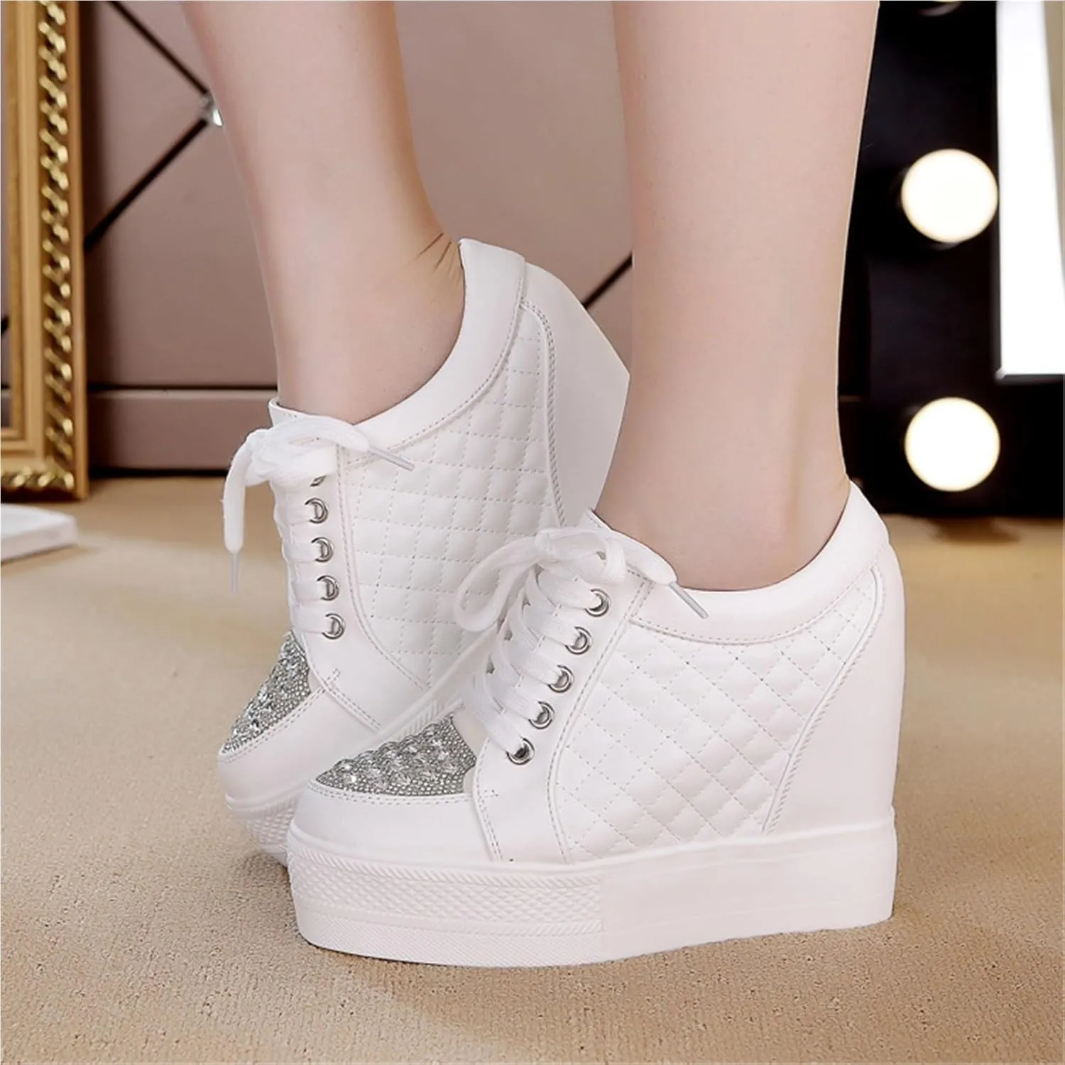 Women's White Hidden Heel Sneakers Fashion Rhinestone Ankle High Platform Wedges Bride Wedding Shoes for Girls/Ladies