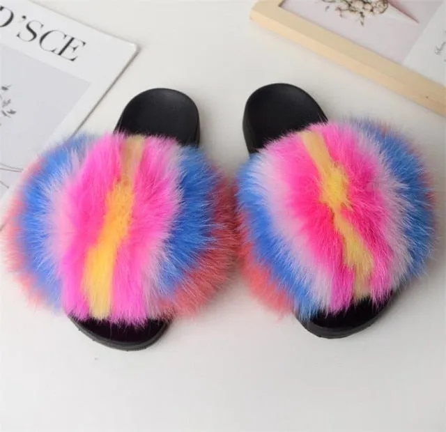 Yeknu Hot Sale Summer Women Fox Fur Slippers Furry Slippers Designer Fur Slides Girls Black Fur Slides Gorgeous Big Fur Slides Sandal