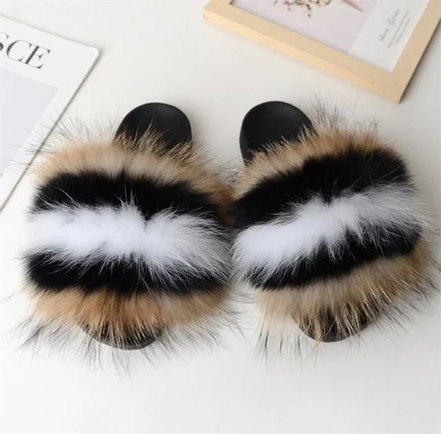 Yeknu Hot Sale Summer Women Fox Fur Slippers Furry Slippers Designer Fur Slides Girls Black Fur Slides Gorgeous Big Fur Slides Sandal